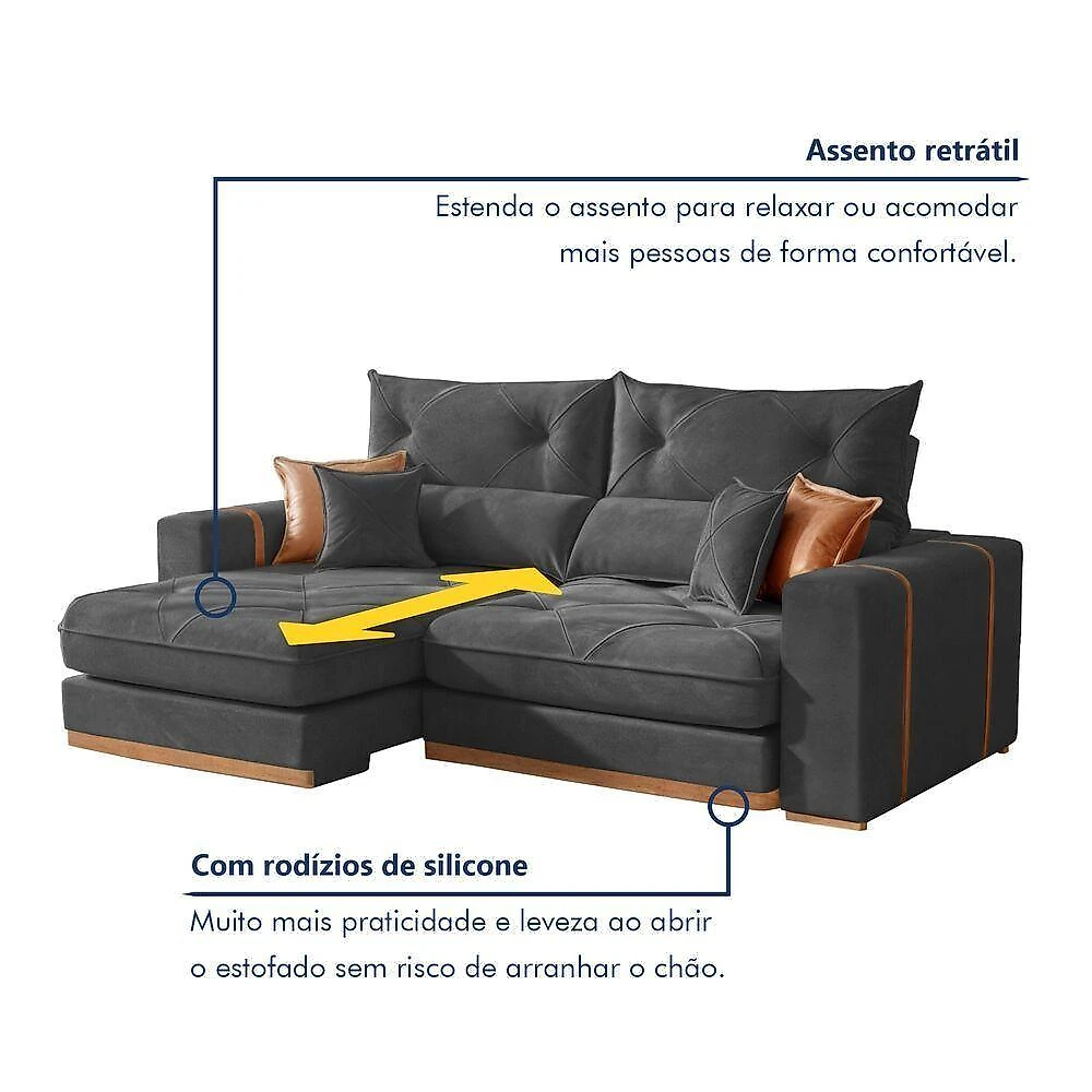 Sofá Montreal 3 Lugares Retrátil e Reclinável 230CM Cinza