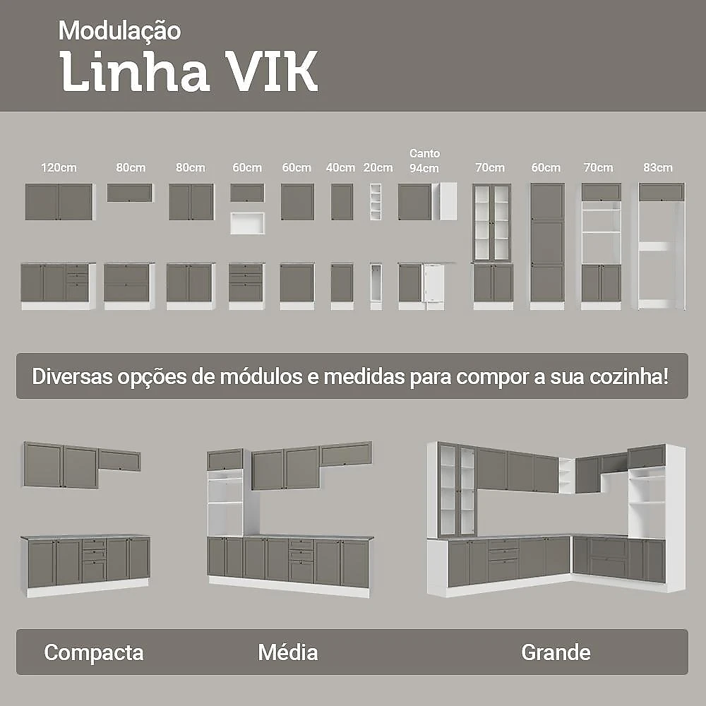Armário de cozinha completa 310 cm branco/cinza vik madesa 01