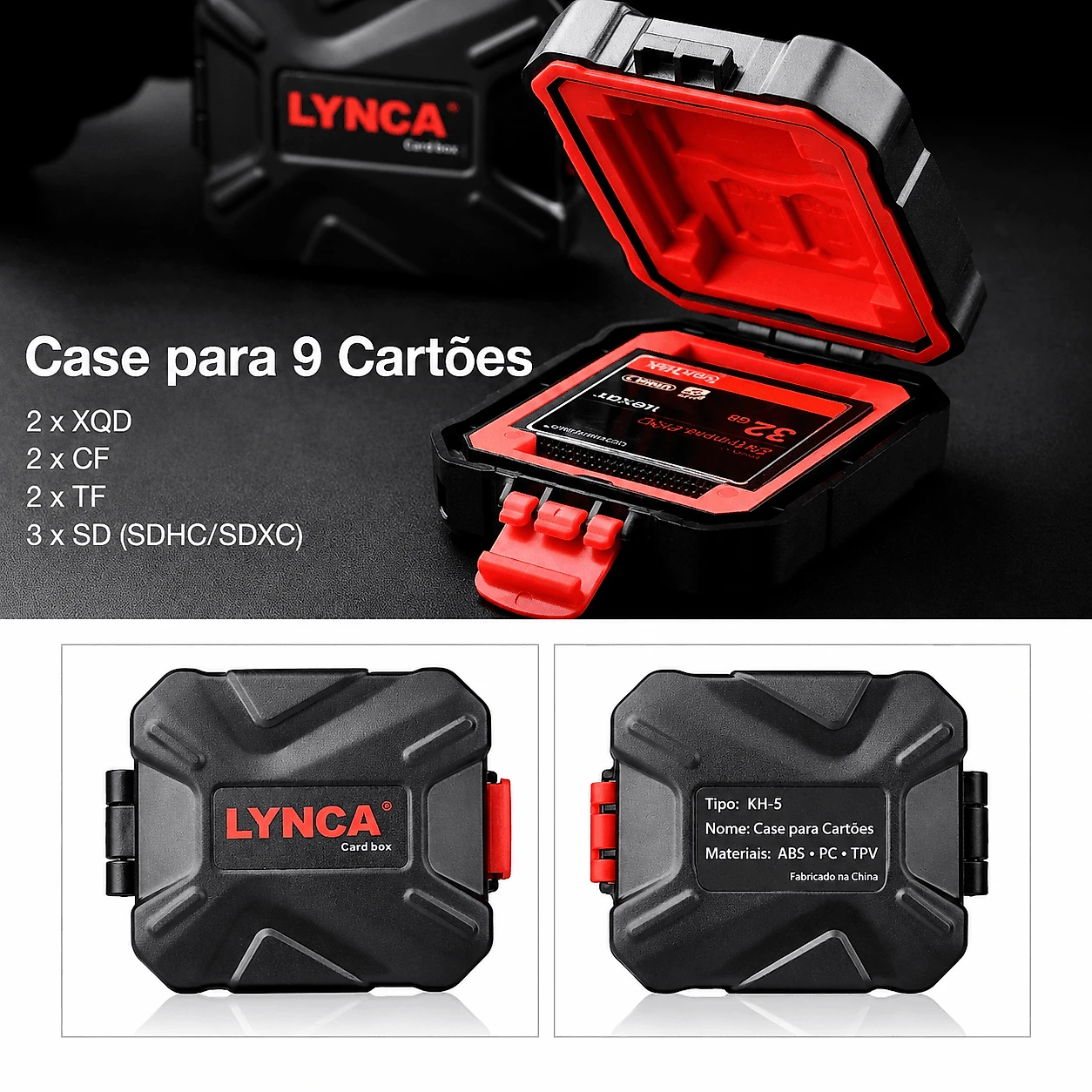 Case Rígido Porta Cartões de Memória Lynca KH-5 para SD, microSD, CF e XQD