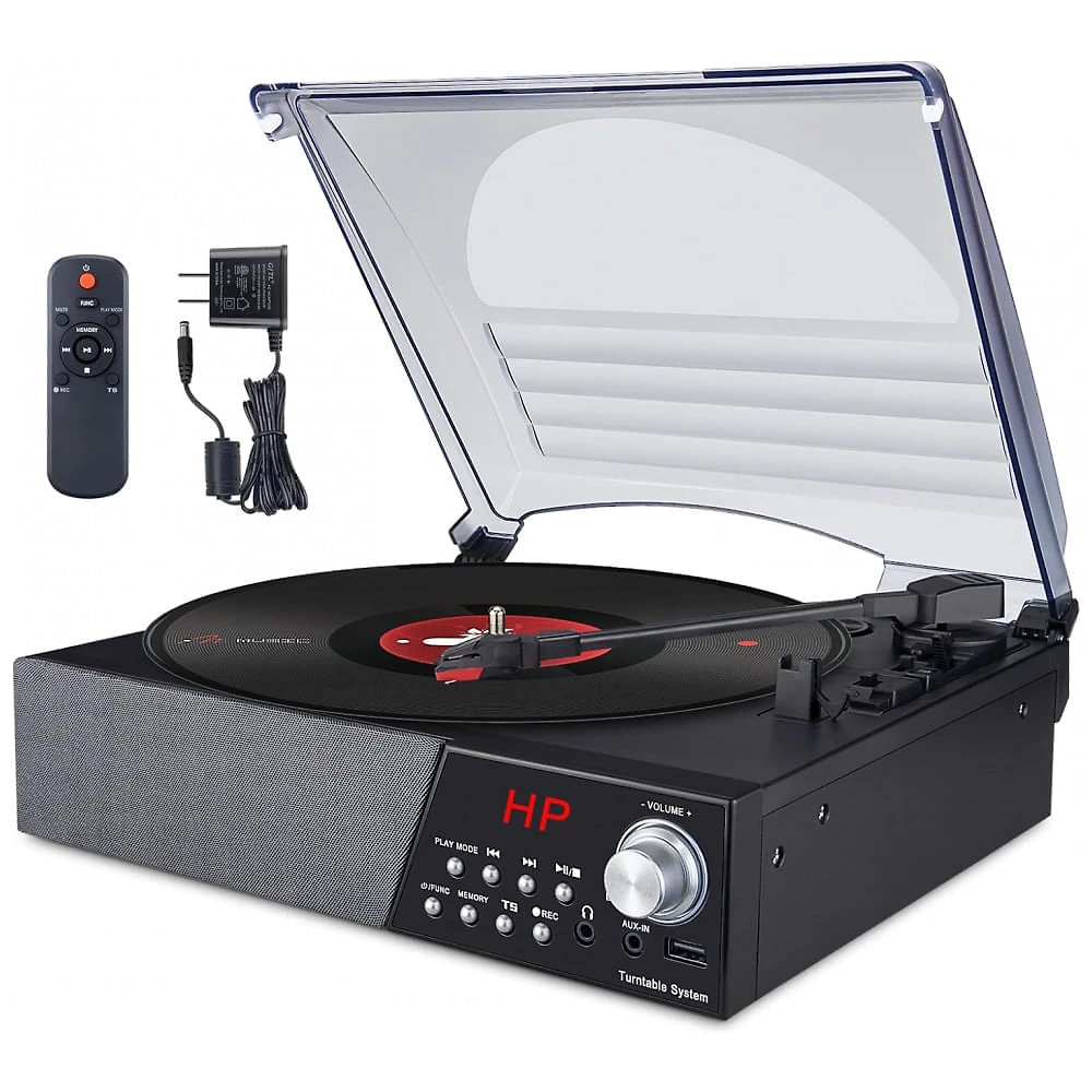Toca Discos Retro 3 Velocidades com Bluetooth e Alto Falantes Embutidos, HONGUT, Preto