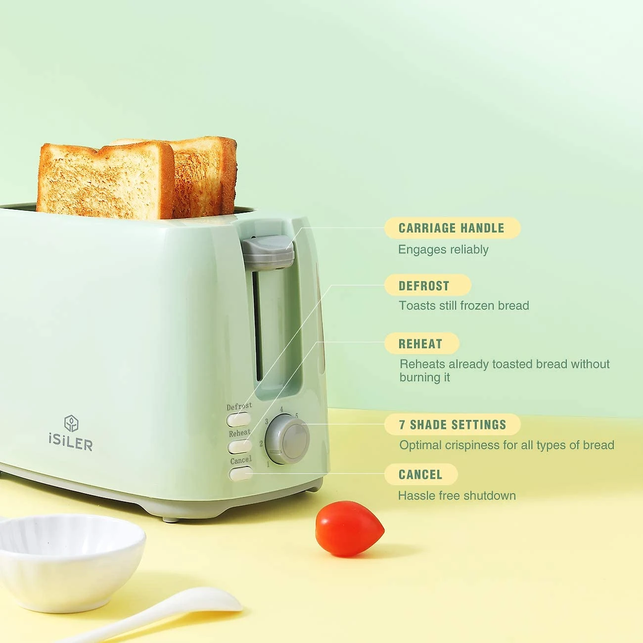 iSiLER 2 Slice Toaster 13 Inches Wide Slot Toaster with 7 Shade Settings and Double Side Baking Compact Bread Toaster with Removable Crumb TrayDefrost Reheat Cancel Function Green