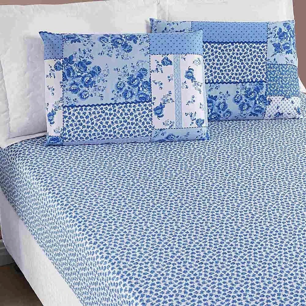 Jogo De Lençol Ayla Casal Padrão 3 Peças Microfibra Estampada Floral - Azul Sereno