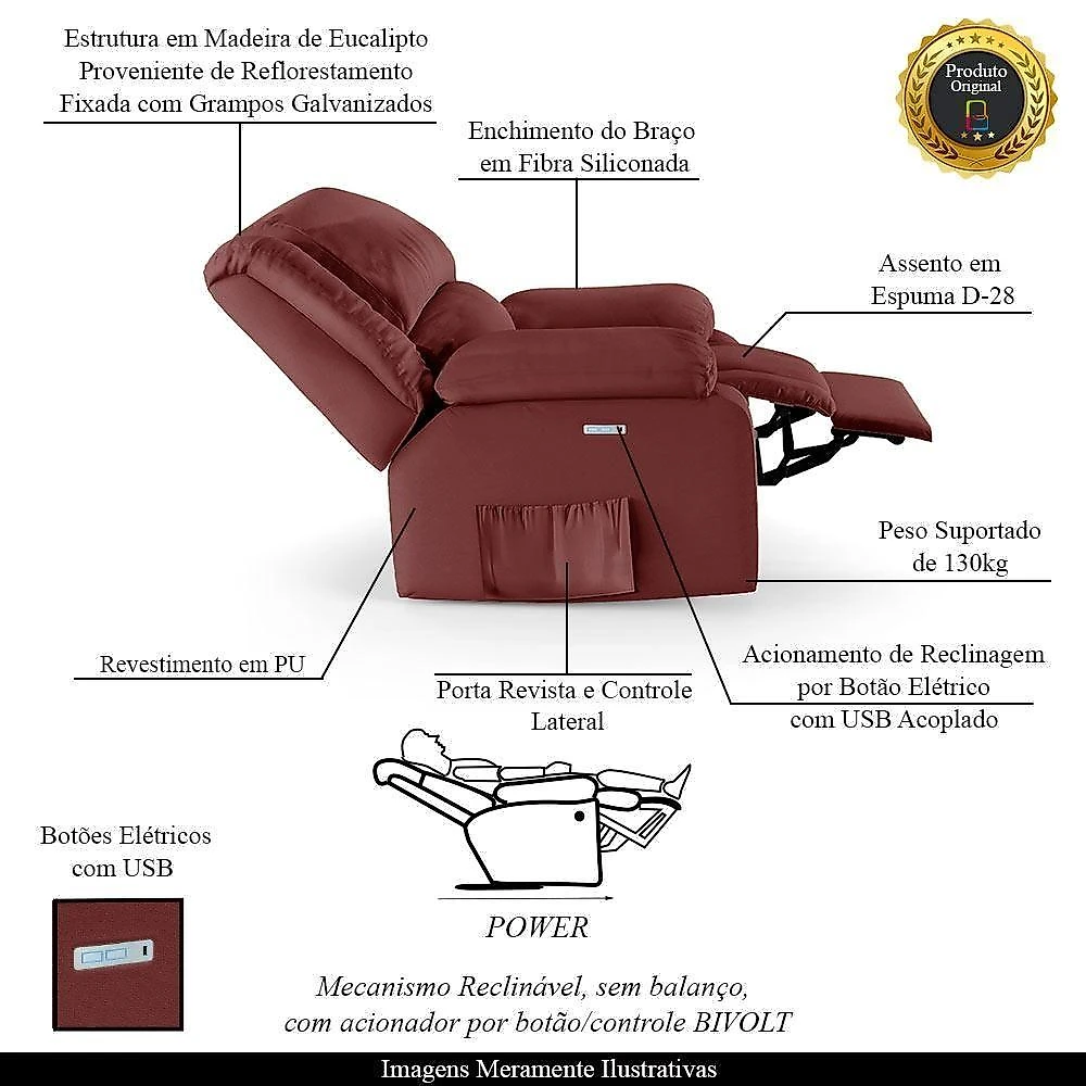 Poltrona Reclinável Elétrica Madrid G23 com Usb Pu Vermelho para Sala de Estar Gran Belo