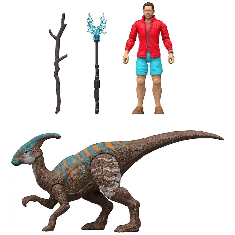 Mattel Jurassic World Rebirth Pack de Figuras Dinossauro e Humano com Reuben Delgado e Parasaurolophus, Escala 9,5 cm, Articulado e Colecionável
