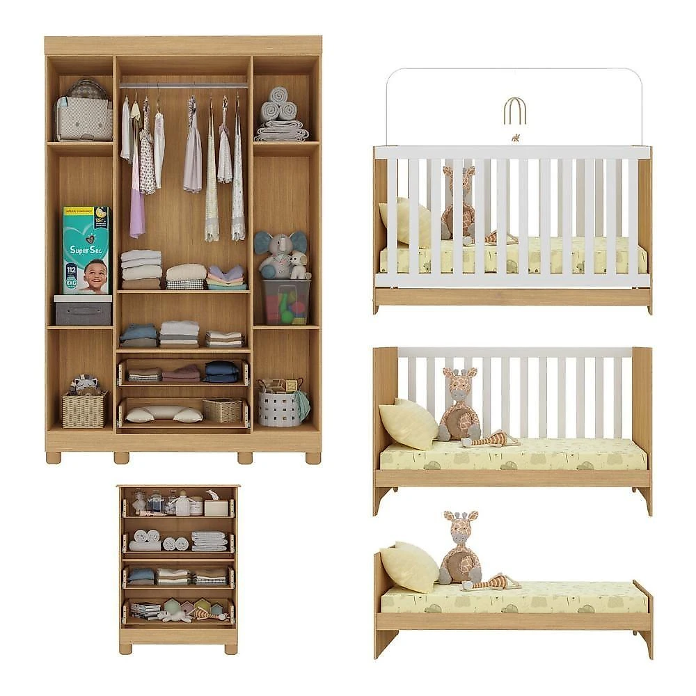 Quarto De Bebê Completo Com Berço Americano 3 Em 1 Fofura Multimóveis MP4649 Madeirado-branco