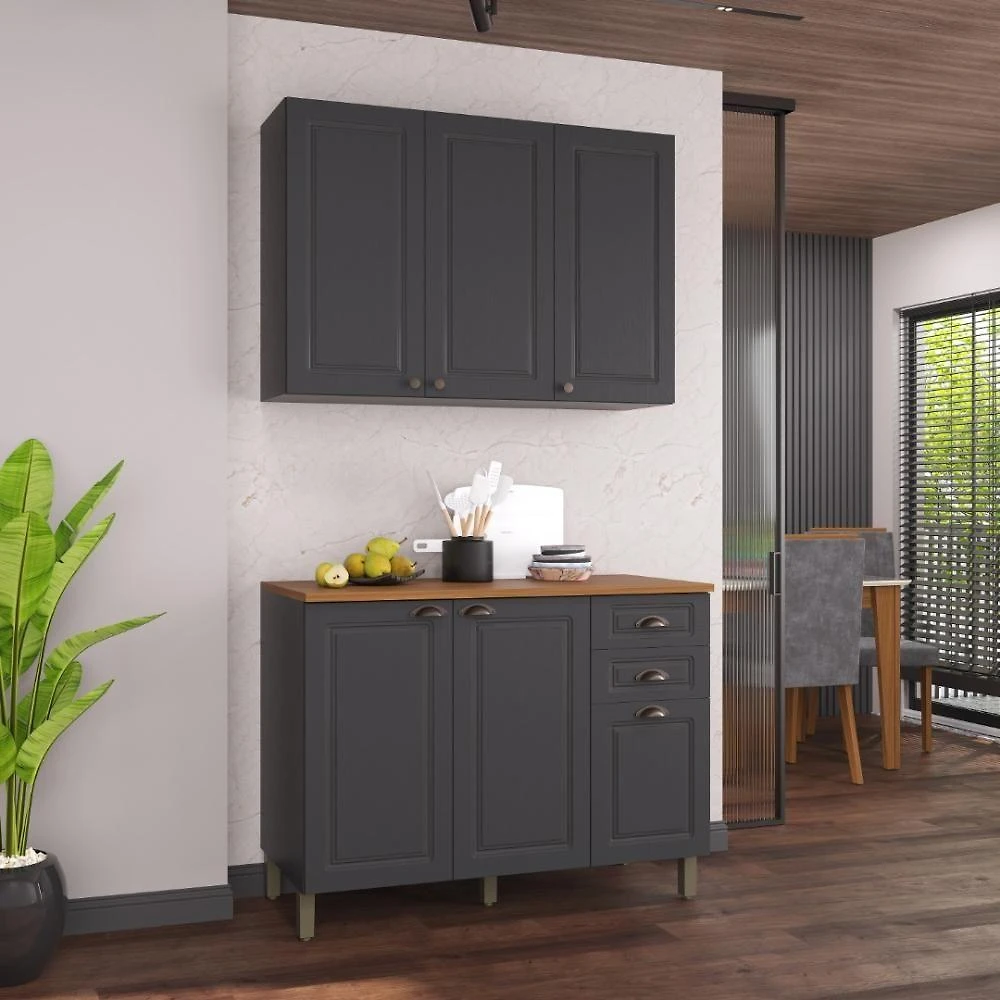 Armário de Cozinha Modulada Compacta Nara 6 Portas 2 Gavetas MDF 120CM Chumbo