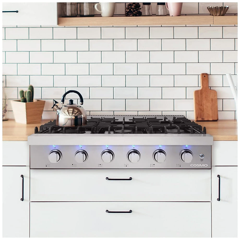 Cooktop a gás slide-in 91cm Cosmo inox queimadores italianos selados mesa em porcelana preta 6 queimadores 110V