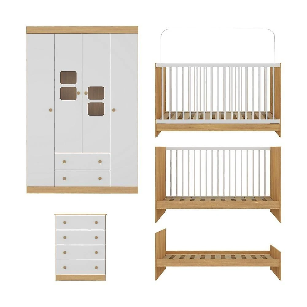 Quarto De Bebê Completo Com Berço 3 Em 1 Para Colchão 130x60cm Brisa Multimóveis Mp4521 Madeirado/branco