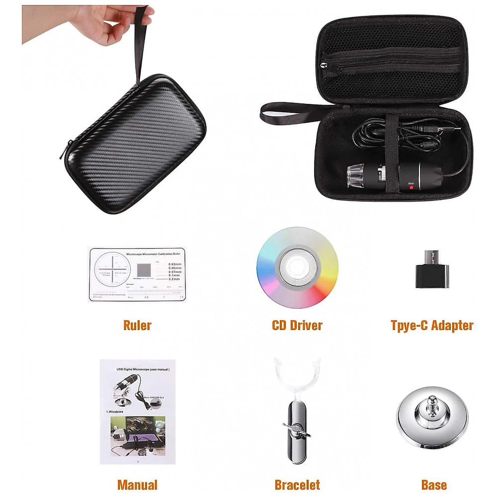 Microscópio Digital USB 40X a 1000X com Câmera de Endoscópio de Ampliação de 8 LEDs, 5V Bysameyee, Preto