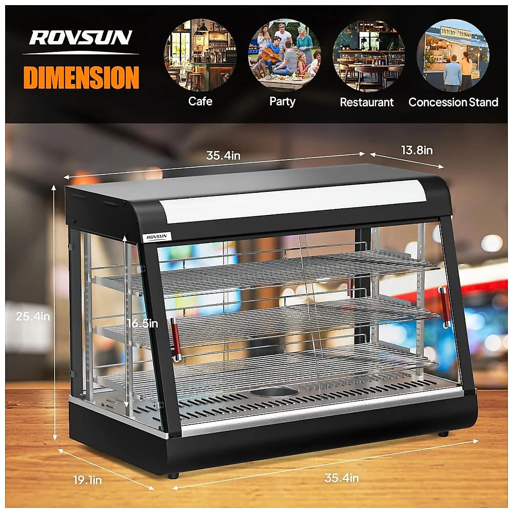 Expositor Aquecedor de Alimentos ROVSUN Preto 3 Níveis 89 cm com Prateleiras Ajustáveis Removíveis LED e Portas de Vidro, 110V.