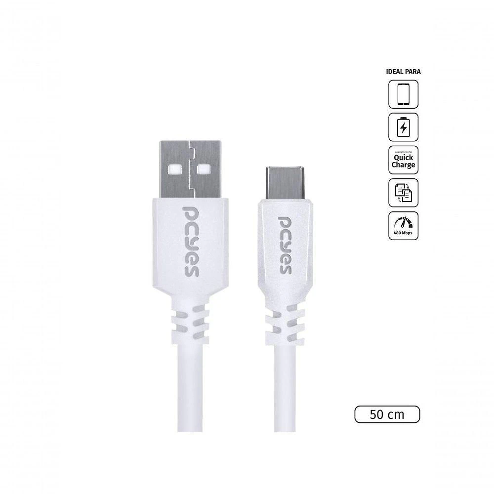 Cabo USB Pcyes PUACB-05 para Smartphone USB a 2.0 para USB Tipo C 480 MBPS Branco 0,5 METRO