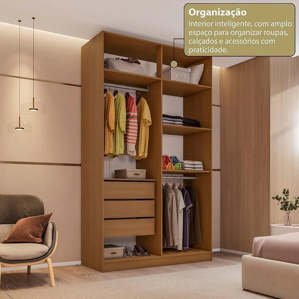 Guarda-Roupa 4 Portas 3 Gavetas Grande Rio Clean Minimalista Yescasa Freijó/Cinza