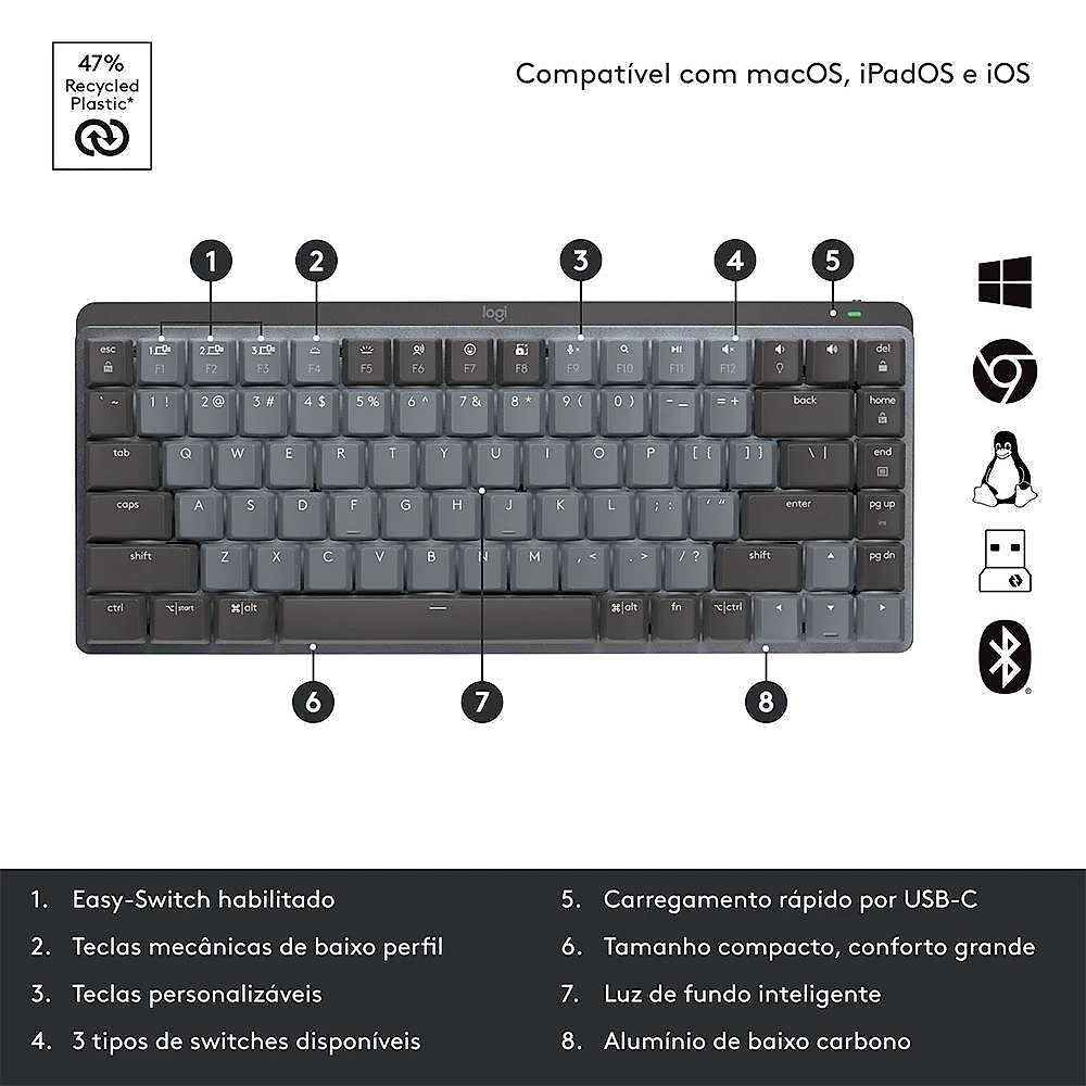 Teclado Mecânico Sem Fio Logitech MX Mechanical Mini, Iluminação, Switch Tactile Quiet, Bluetooth, USB, Preto - 920-010783