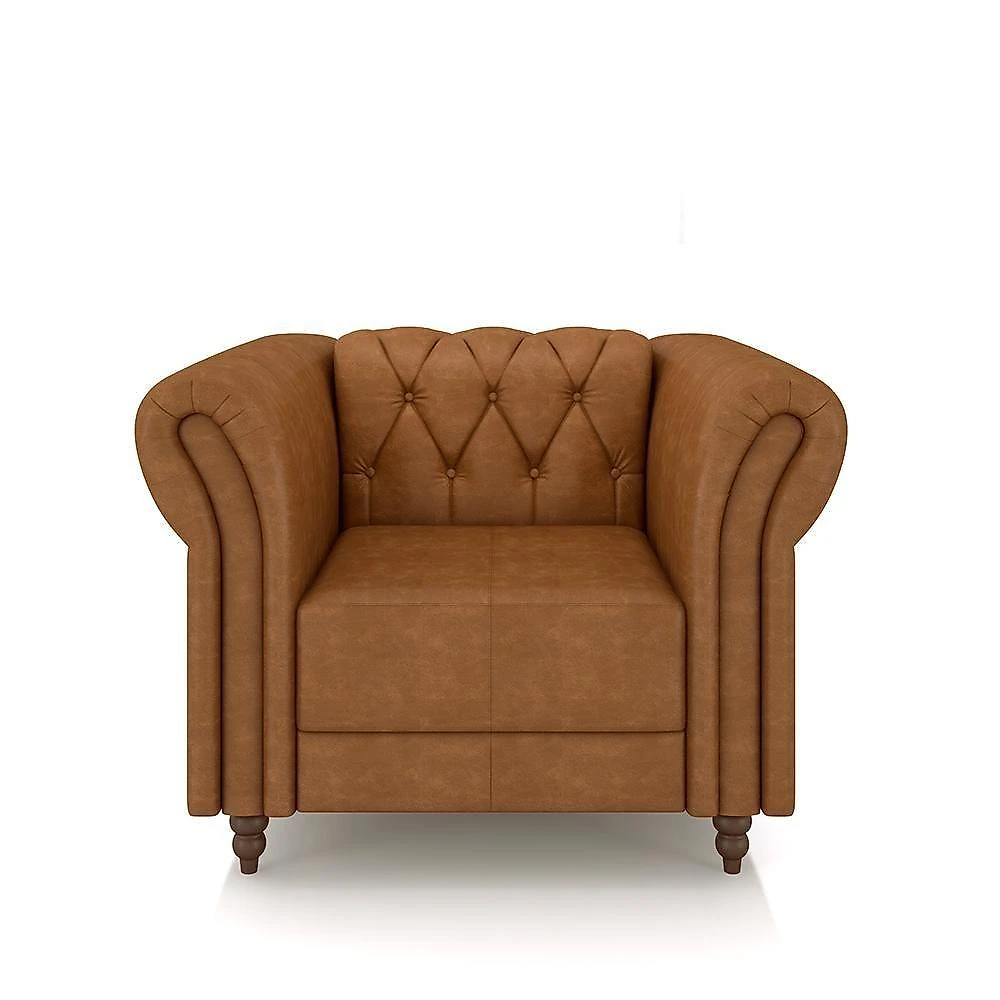 Conjunto Sofá e Poltrona Stanford Chesterfield Madeira e Couro 220cm Mel Gran Belo