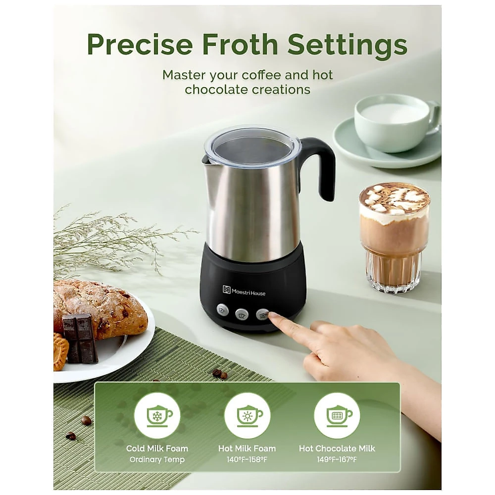 Espumador de Leite Elétrico Maestri House 4 em 1, 600W, 500ml, Controle Tátil, Leite Quente/Frio, Memória, Prático e Eficiente