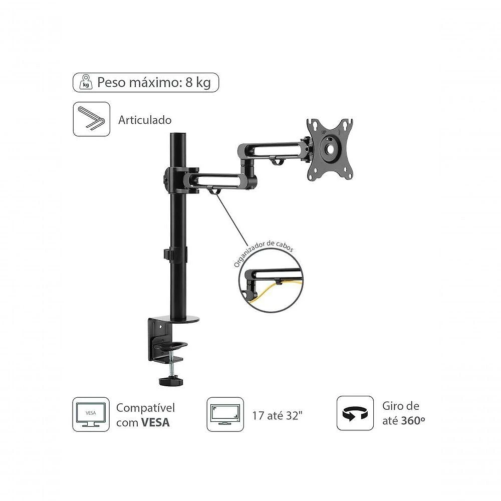 Suporte Articulado para Monitor SM400A para Monitores de 17" a 32" com Rotação 360° Preto, Cinza