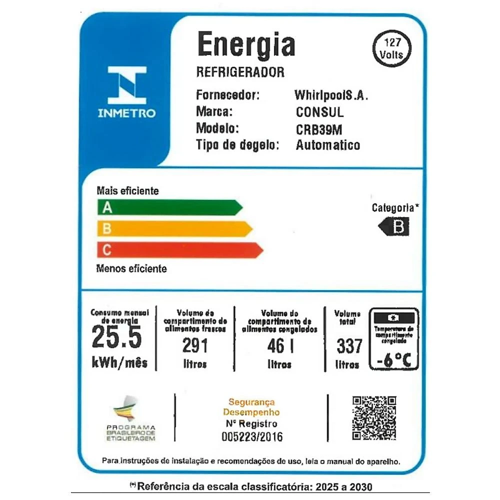 Geladeira Consul Frost Free CRB39MB, 337 Litros, Branca - 110V 110 Volts