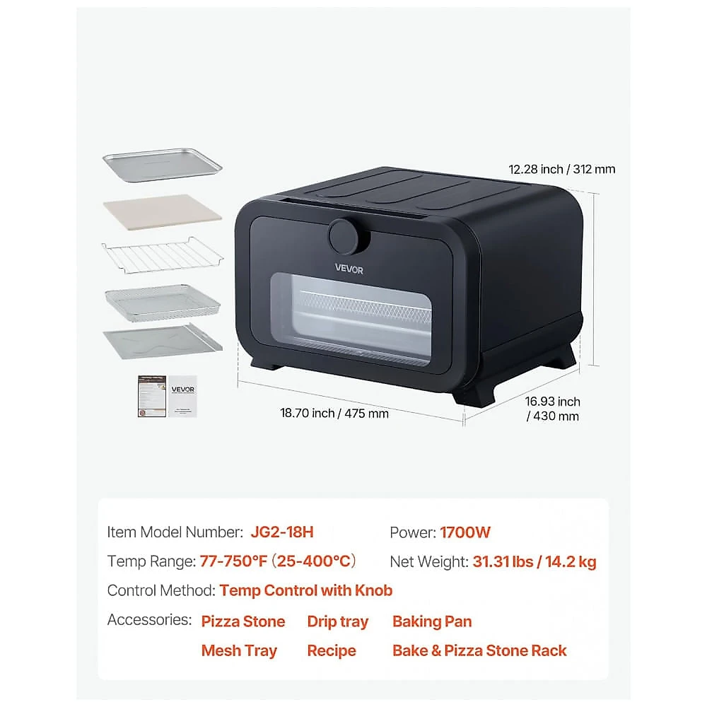 Forno de Pizza Elétrico VEVOR JG2-18H 30 cm Air Fryer Combo 8 Modos Pedra Refratária 399°C 110V