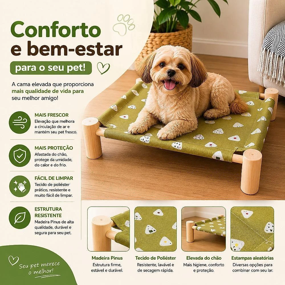 Cama Elevada para Pet Cães e Gatos Madeira Pinus Poliéster 55CM