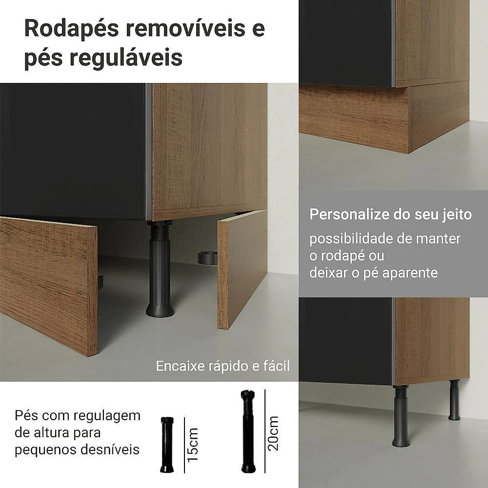 Armário de cozinha completa 340 x 60 cm rustic/preto lux madesa 04