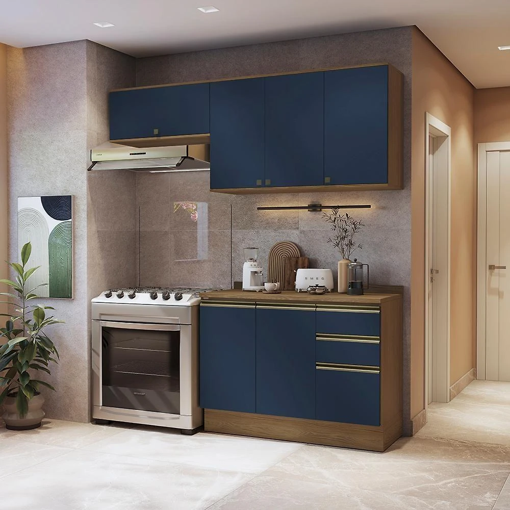 Armário De Cozinha Compacta 3 Gavetas 100% Mdf 200cm Nogueira/azul Profundo Celeste Kappesberg