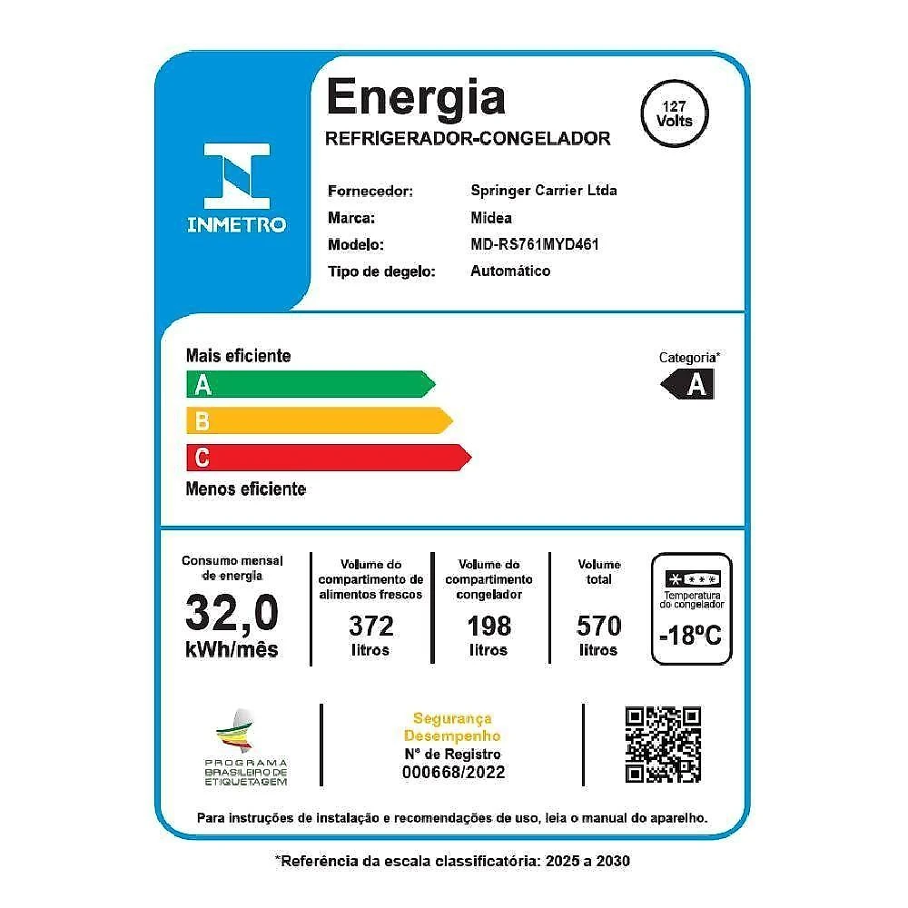 Refrigerador midea side by side 570l dispenser de agua e gelo inverter inox - 127v (mdrs761myd461)