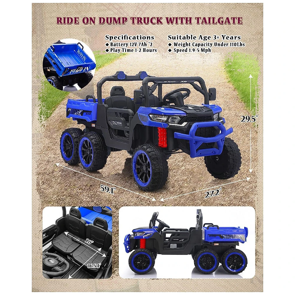 Caminhão Basculante Infantil Elétrico Letsgoride Azul 24V 2 Lugares 4 Motores 100W Caçamba Automática 4WD Bluetooth Música LED 6 Rodas