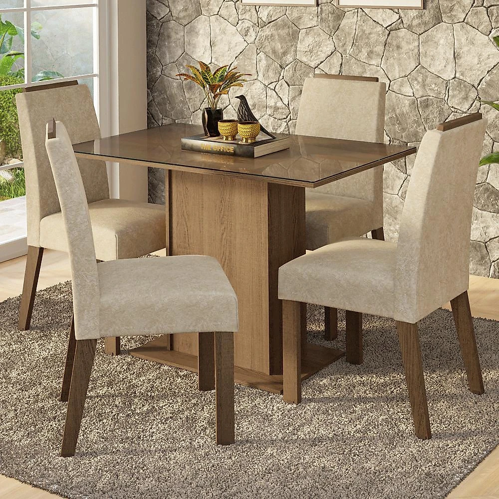 Conjunto sala de jantar tampo de vidro 4 cadeiras rustic/imperial jasmin madesa