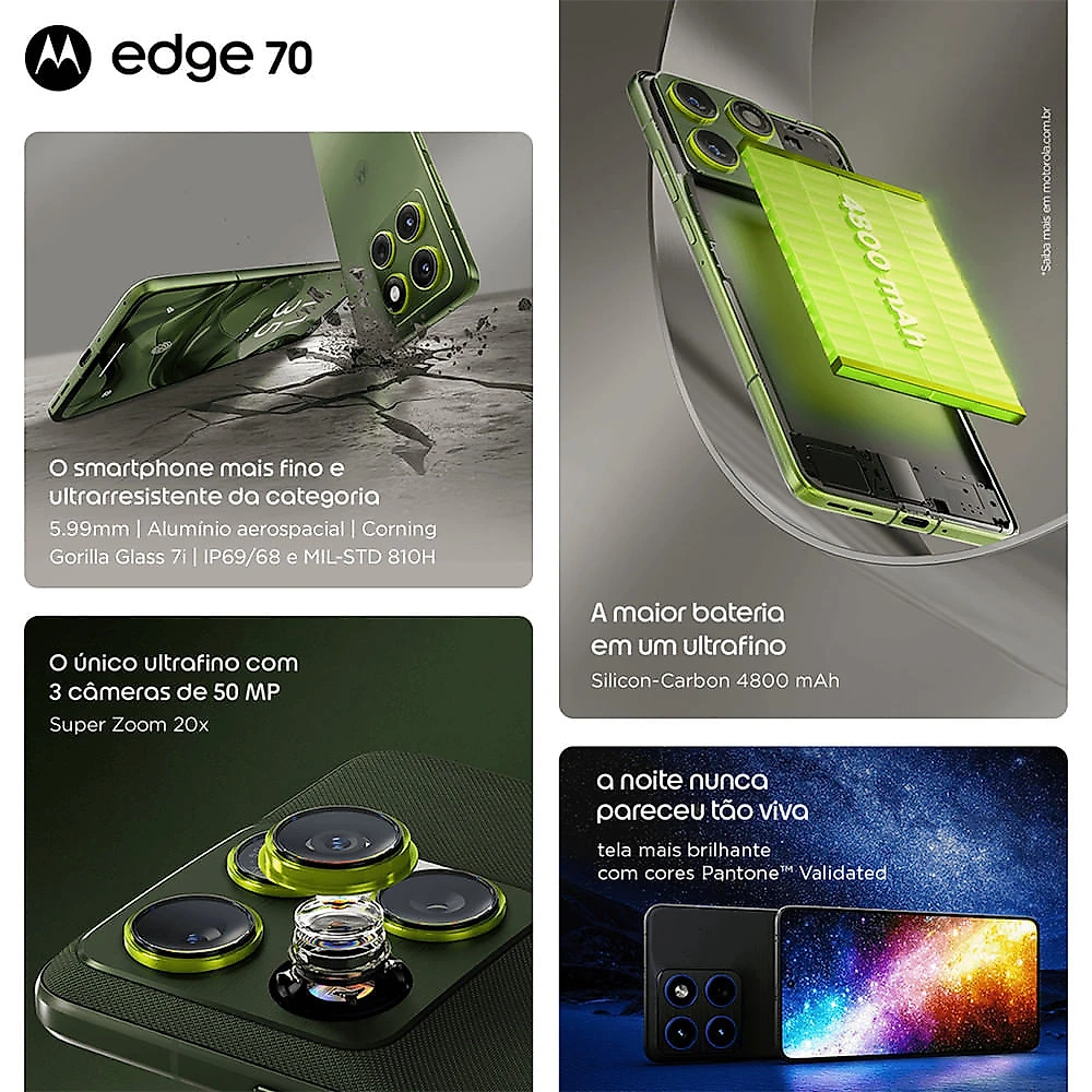 Smartphone Motorola Edge 70 5G 512GB 24GB (12GB RAM + 12GB RAM Boost) Ultrafino 3 Câmeras 50MP Tela 1.5K Cinza