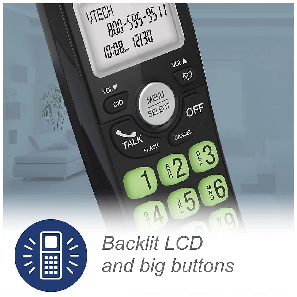Telefone Sem Fio VTech VG13111 DECT 6.0 com Bluetooth, Display Azul e Branco, Botões Grandes, Viva-Voz Full Duplex e Identificador de Chamadas - Preto