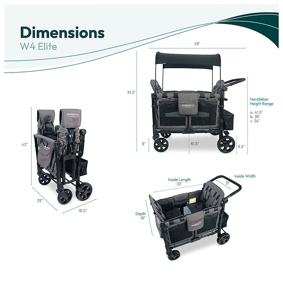 Carrinho de Passeio para 4 Crianças Multifuncional com Cobertura Removível e Dobramento, até 136 kg, WONDERFOLD W4, Pr...