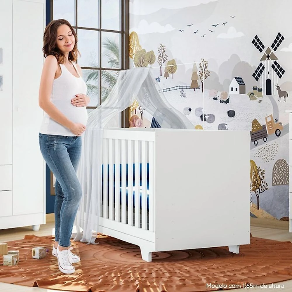 Quarto de Bebê com Berço Mini Cama 100% Mdf com Colchão Life e Cômoda 4 Gavetas 1 Porta Fly 100% Mdf Branco