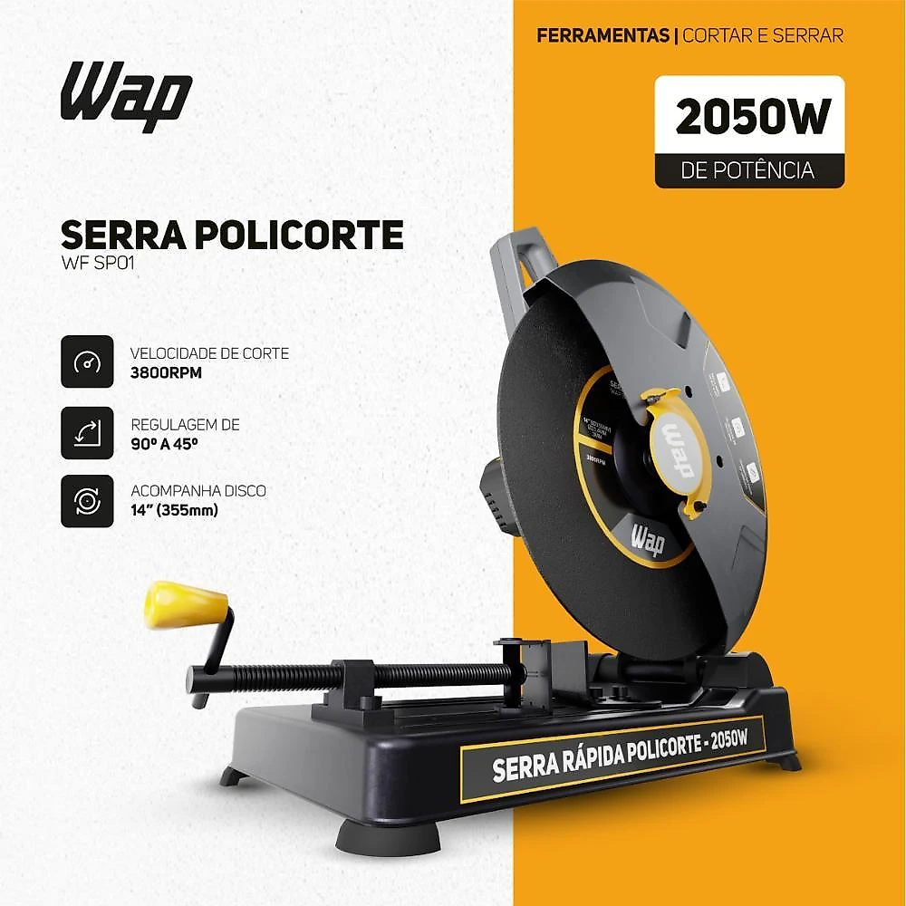 Serra rápida policorte de bancada profissional 2050w disco 355mm 14" para cortar ferro metal e aço wap wf sp01 220v