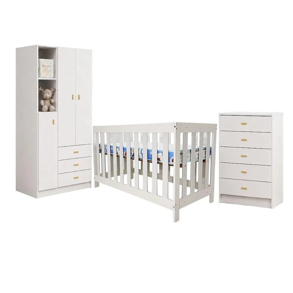 Quarto Infantil BBI-56 BB120 BB-322 3 Portas 5 Gavetas MDP 120CM Branco Ditália Móveis com Berço
