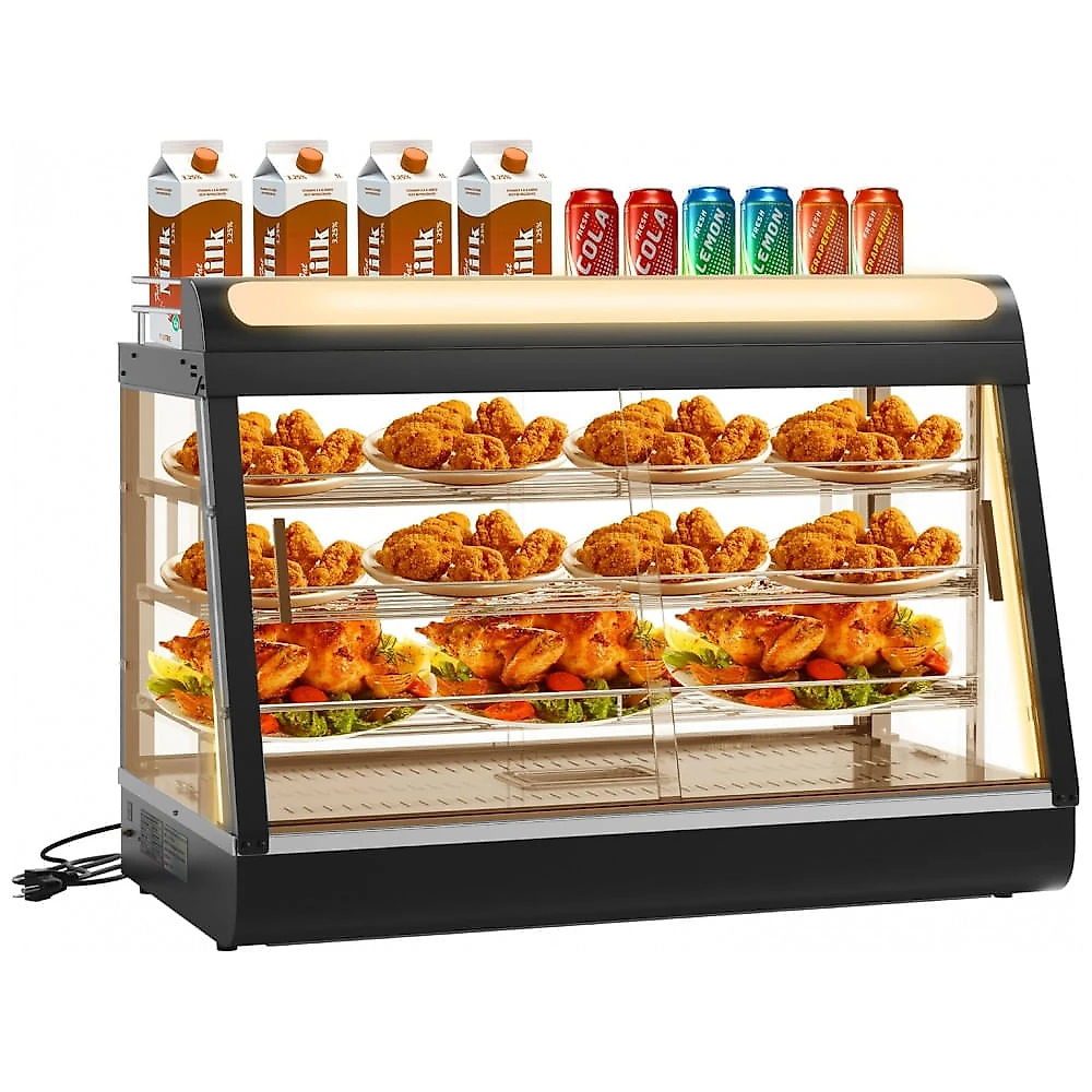 Aquecedor de Alimentos Countertop Whalefall Preto Suporte Superior Iluminação Tri-Cor Termostato Ajustável 89 cm 110V 1500W para Restaurantes
