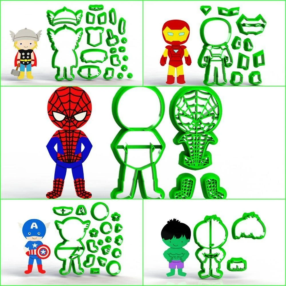 Cortador Kit 5 Heróis 5 Mod2 Modulares Plástico PLA 6CM com Hulk Thor Homem de Ferro Aranha Capitão