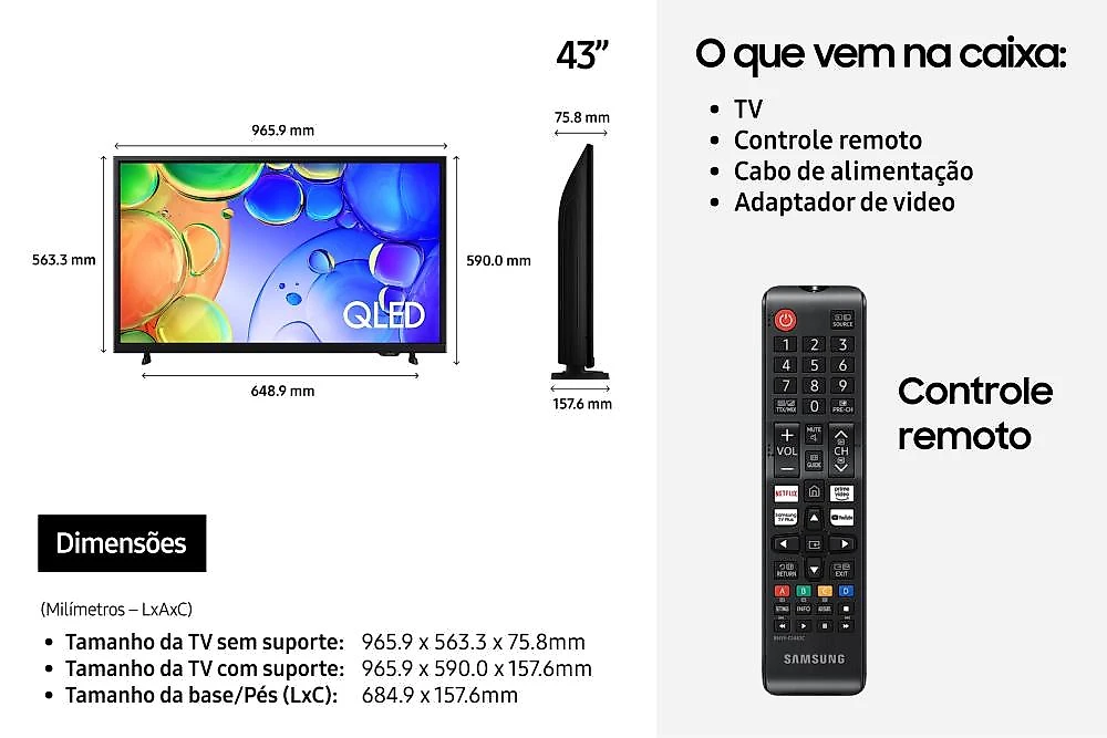 Smart tv 43” full hd samsung qled qn43q5faagxzd tizen hdr quantum dot preta