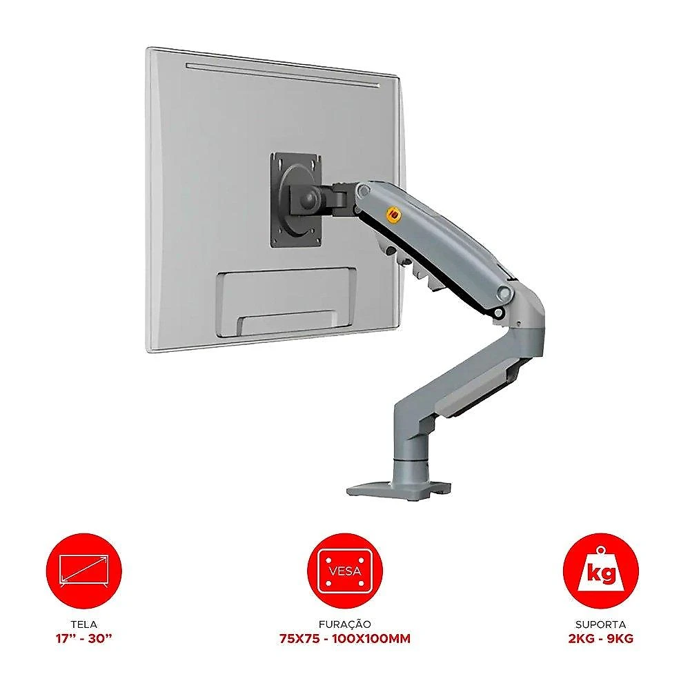 Suporte de Mesa Articulado para Monitor de 17" a 30" North Bayou, Ajustes com Pistão a Gás, Cinza - F80-XV NB