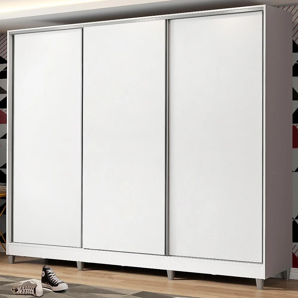Guarda roupa juvenil 100% mdf madesa kevin 3 portas de correr com pés - branco