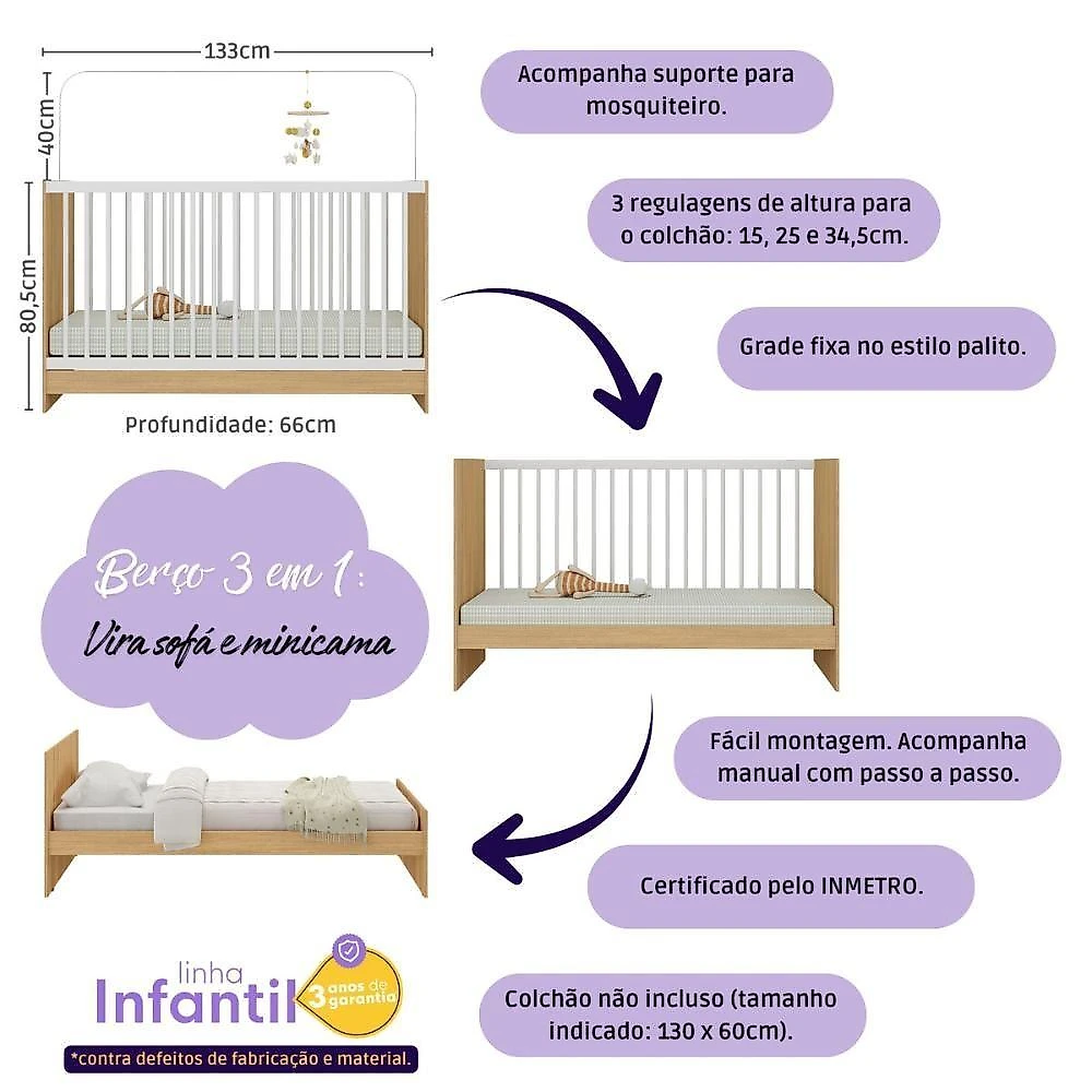 Quarto De Bebê Completo Com Berço 3 Em 1 Para Colchão 130x60cm Brisa Multimóveis Mp4521 Madeirado/branco
