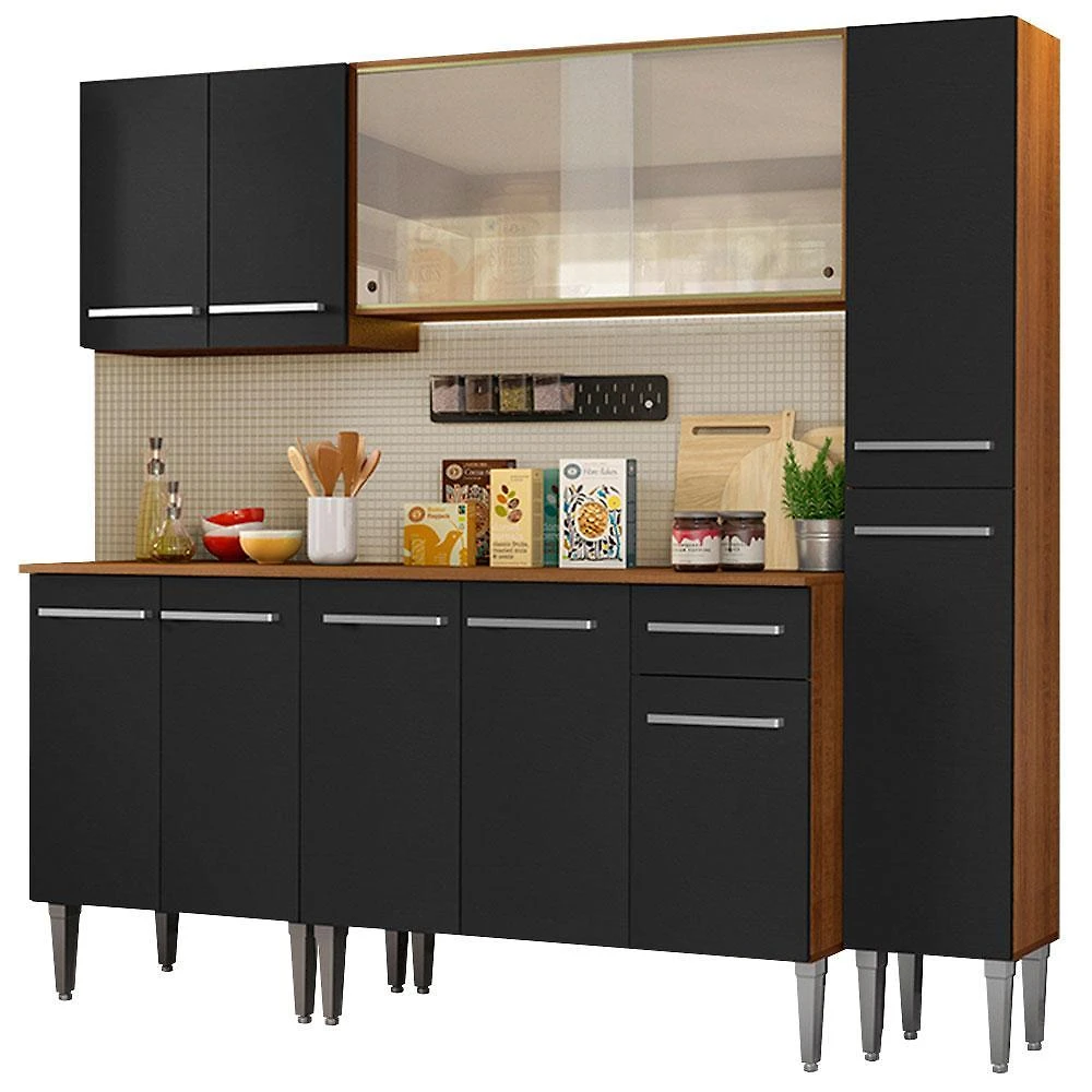 Cozinha completa madesa emilly fast com balcão, armário vidro e paneleiro - rustic/preto