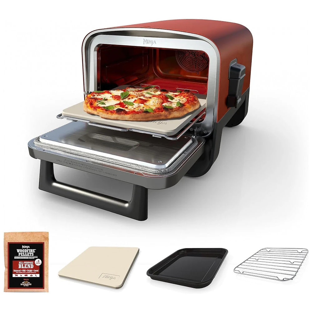 Miniatura Forno Elétrico Portátil Externo para Pizza 8 em 1 de Alta Temperatura 110V 1760W, Ninja OO101 Woodfire, Vermelho