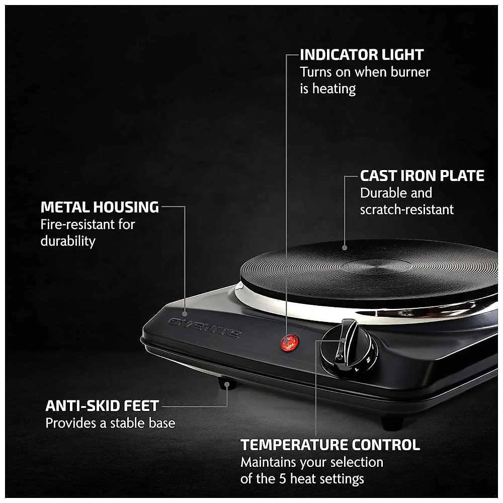 Fogão de Mesa Elétrico OVENTE, 1 Queimador de 1000W, Placa de Ferro Fundido 18,4cm, Controle de Temperatura 5 Níveis, Design Compacto
