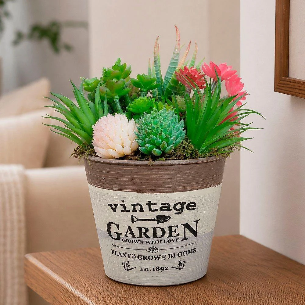 Arranjo Vaso Decoração Suculenta Planta Artificial Verde