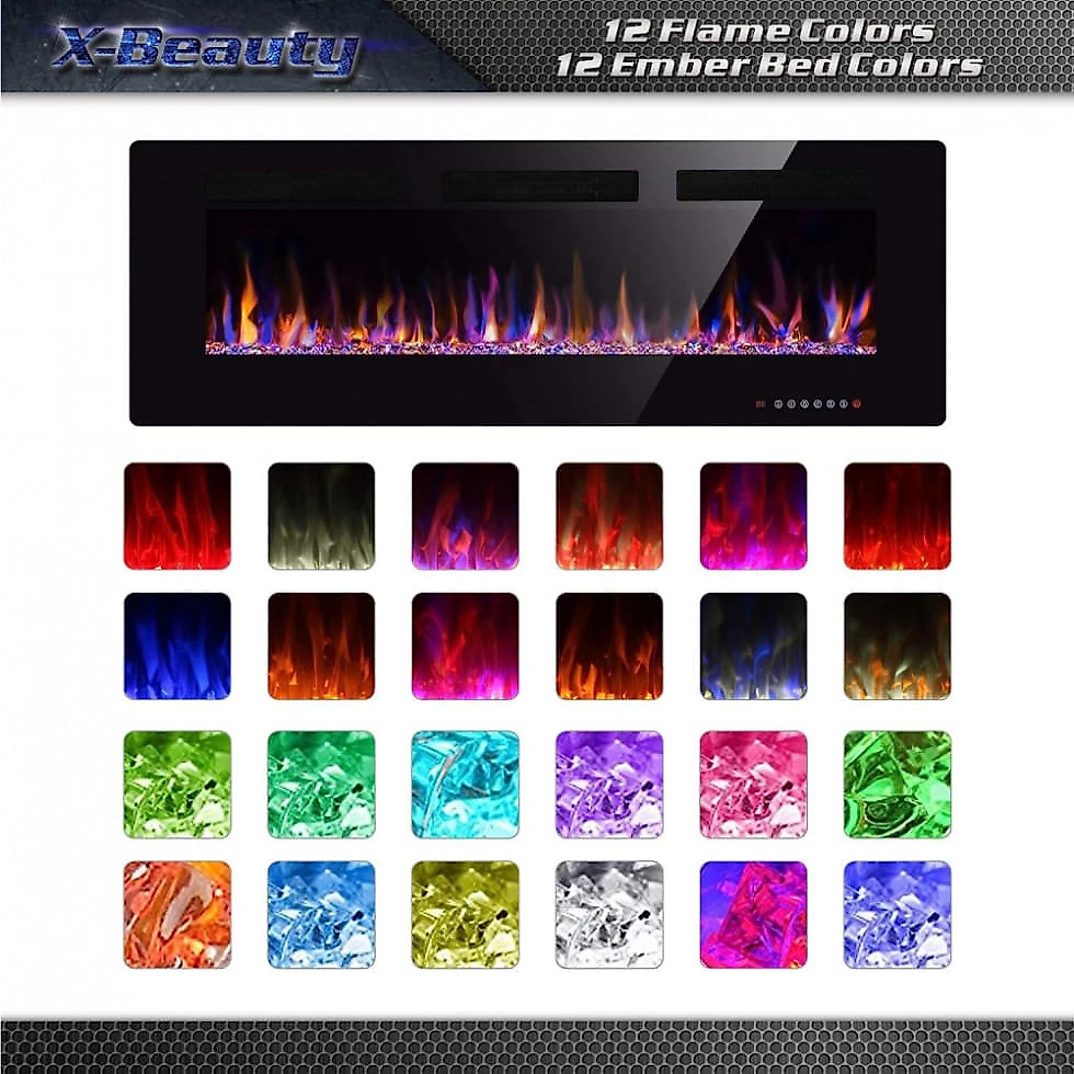 Lareira Elétrica de Embutir A45x127L com Temporizador, Chamas Multicoloridas e Tela Sensível ao Toque, Xbeauty, Preta