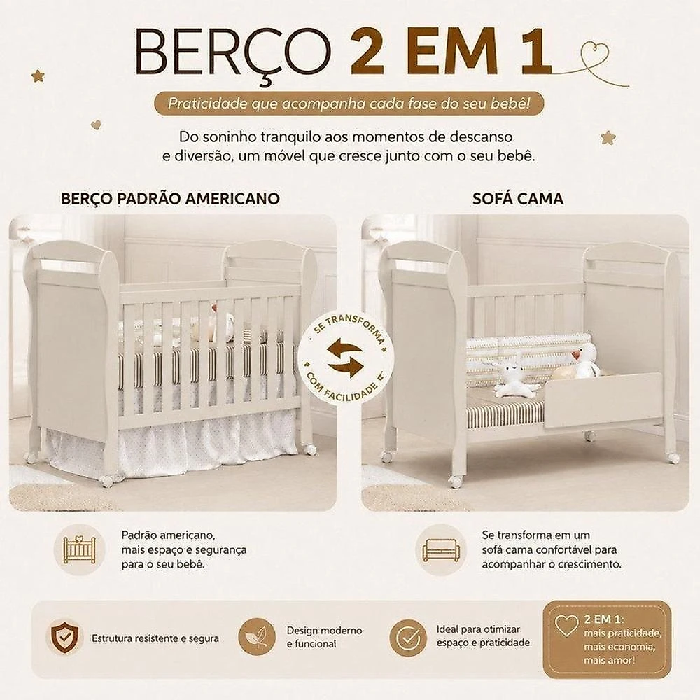 Quarto Completo Danny para Bebê 100% MDF com Cômoda Sapateira e Berço 2 em 1 Areia