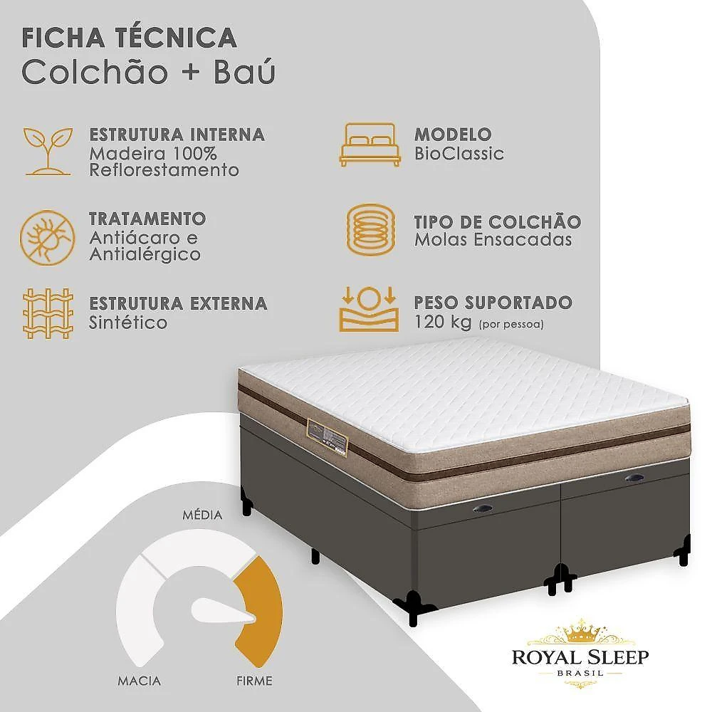 Cama Box com Baú Casal Bioclassic Pillow Top Molas Ensacadas Tecido Branco 138CM Royal Sleep