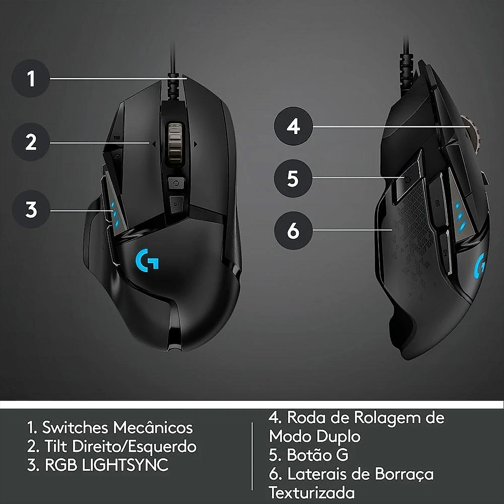 Mouse Gamer Logitech G502 HERO com RGB LIGHTSYNC, Ajustes de Peso, 11 Botões Programáveis, Sensor HERO 25K - 910-005550