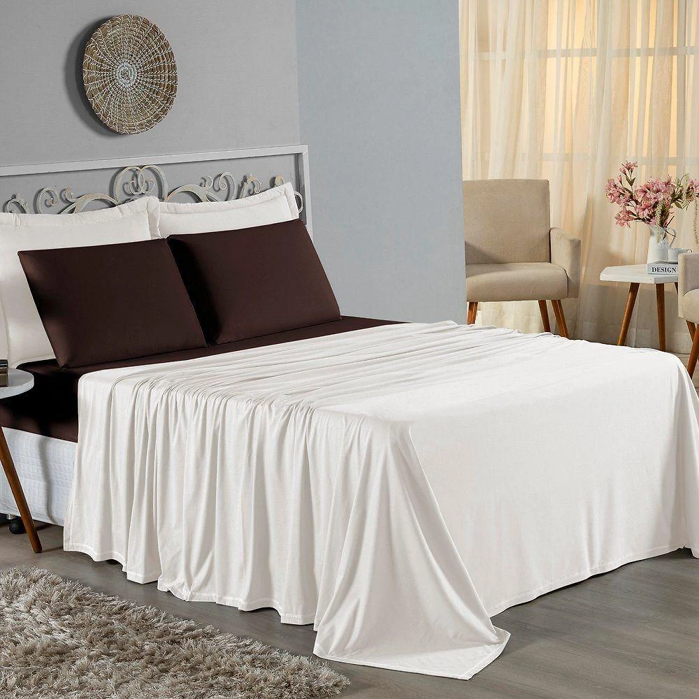 Jogo De Cama Queen Nobre 4 Peças Lençol Com Elástico De 30cm De Altura Malha 100% Algodão - Palha / Marrom