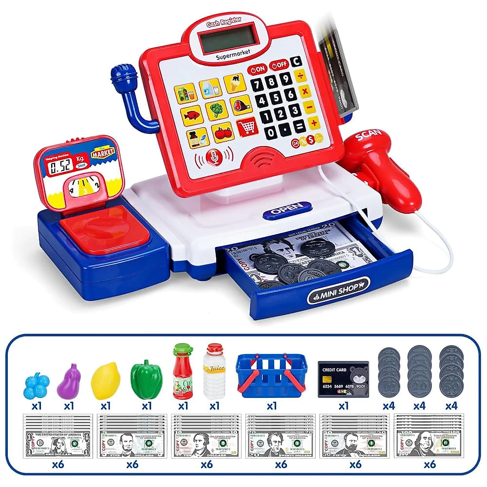 Caixa Registradora FS com Scanner, Dinheiro de Brinquedo, Cartão e Cesta para Crianças 3-7 Anos